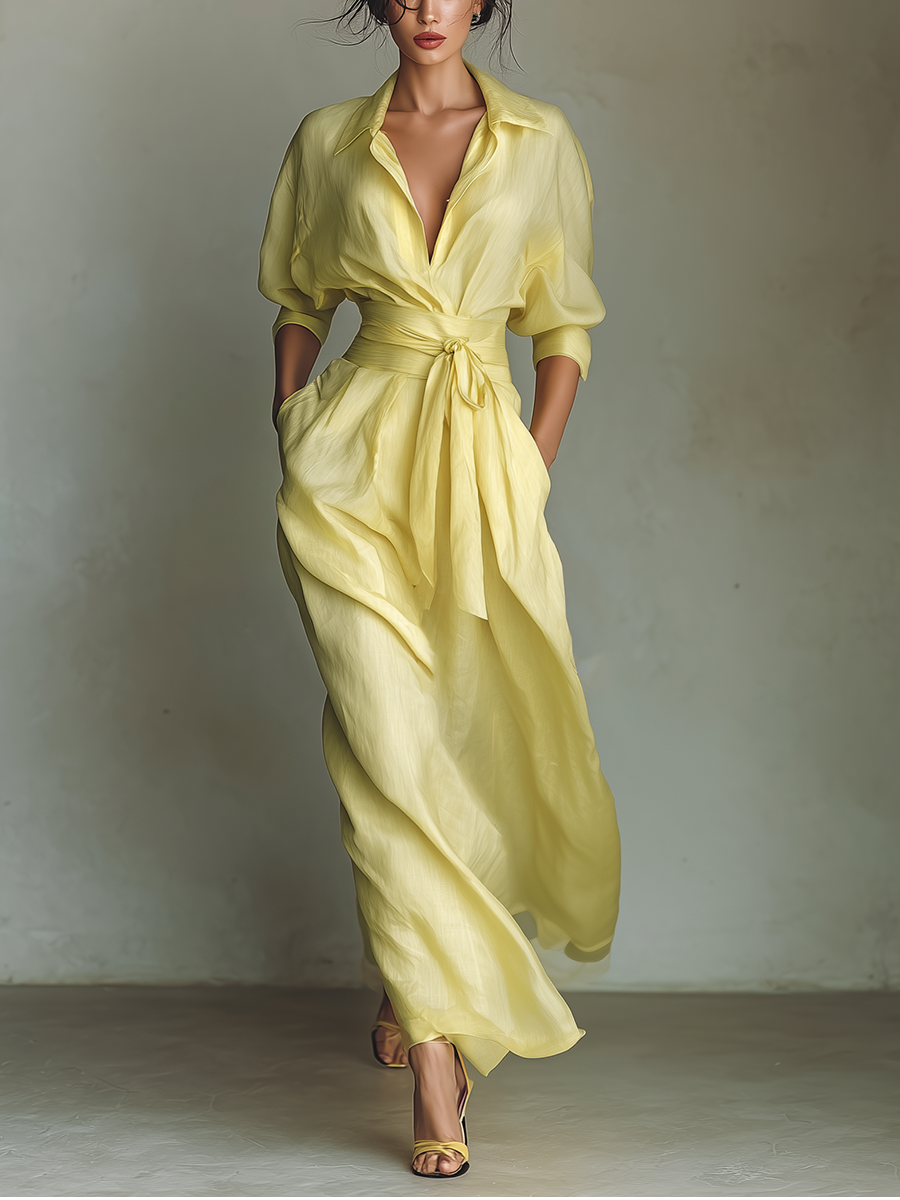 Inna – Limonsko rumena maxi srajčna obleka s pasom in tričetrtinskimi rokavi