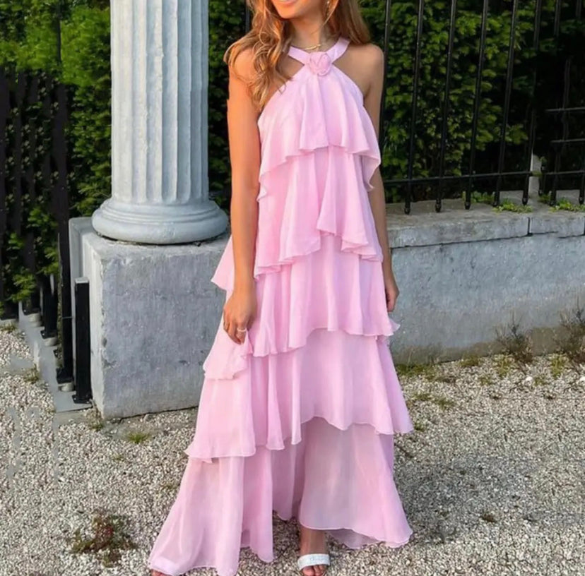 Eryndra™ | Halter maxi obleka z večplastnimi volančki