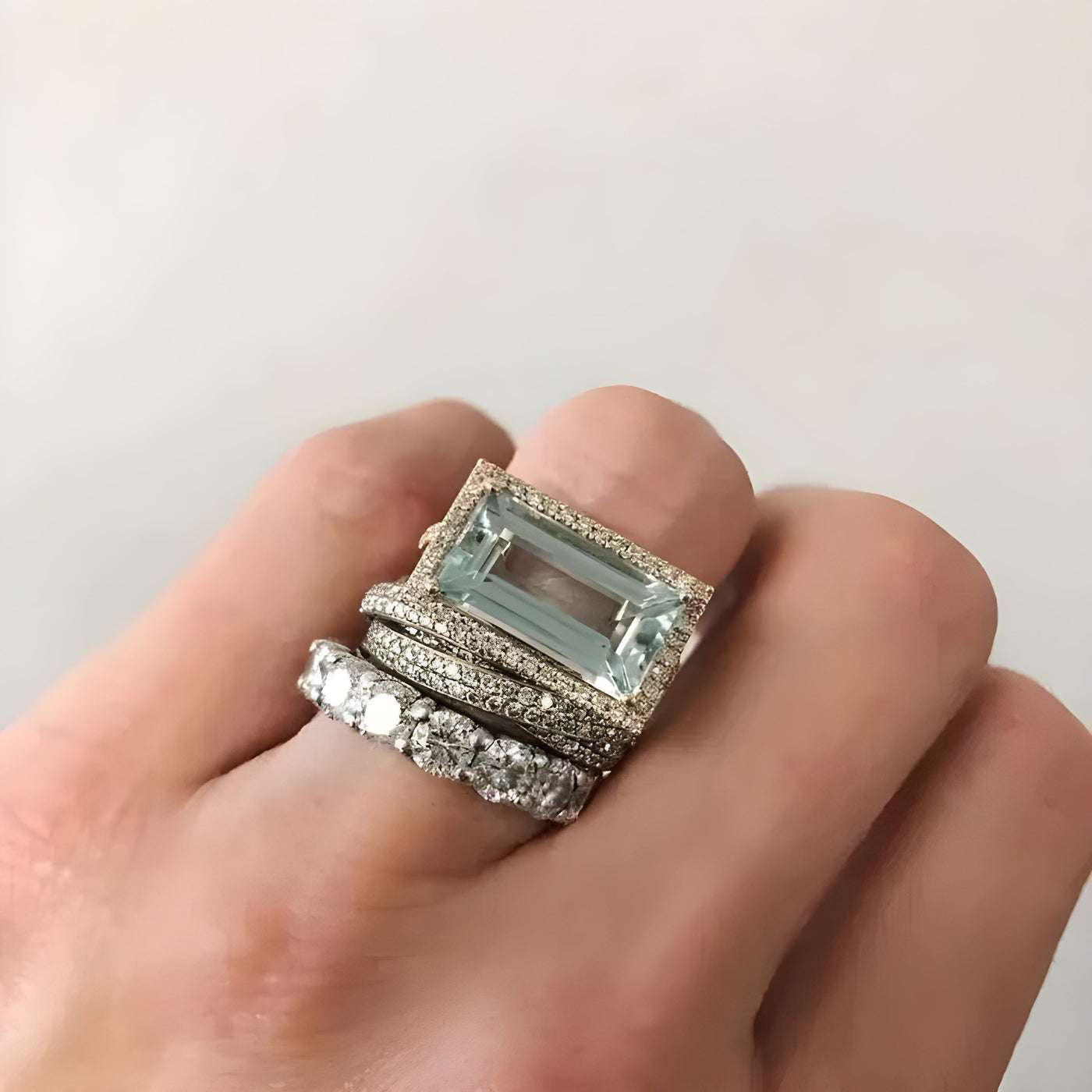 Komplet 3 Art Deco Prstanov Akvamarin Halo