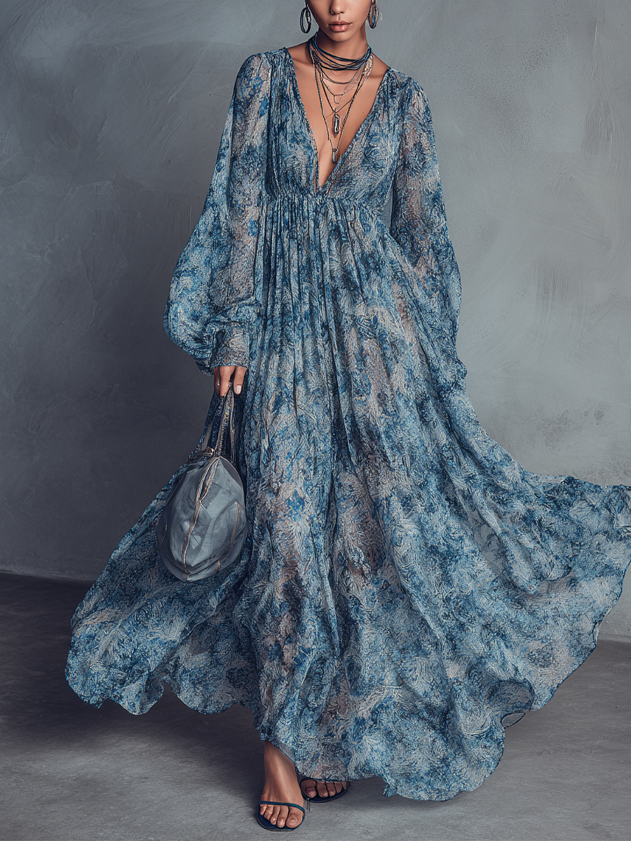 Grace – Boho modra cvetlična šifonska maxi obleka z V-izrezom in balonastimi rokavi