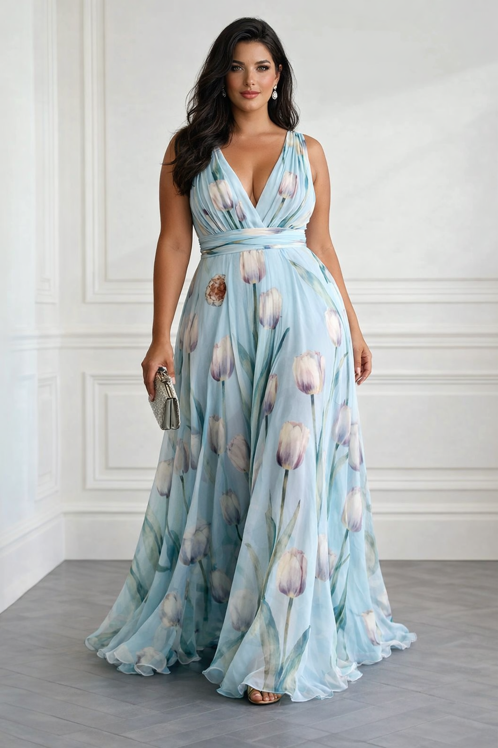 Nerea | Elegantna maxi obleka z V-izrezom in potiskom tulipanov