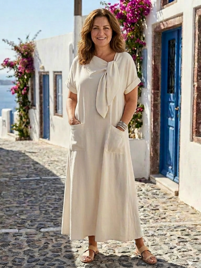 Elowyn – Maxi obleka z okroglim izrezom, kratkimi rokavi in žepi