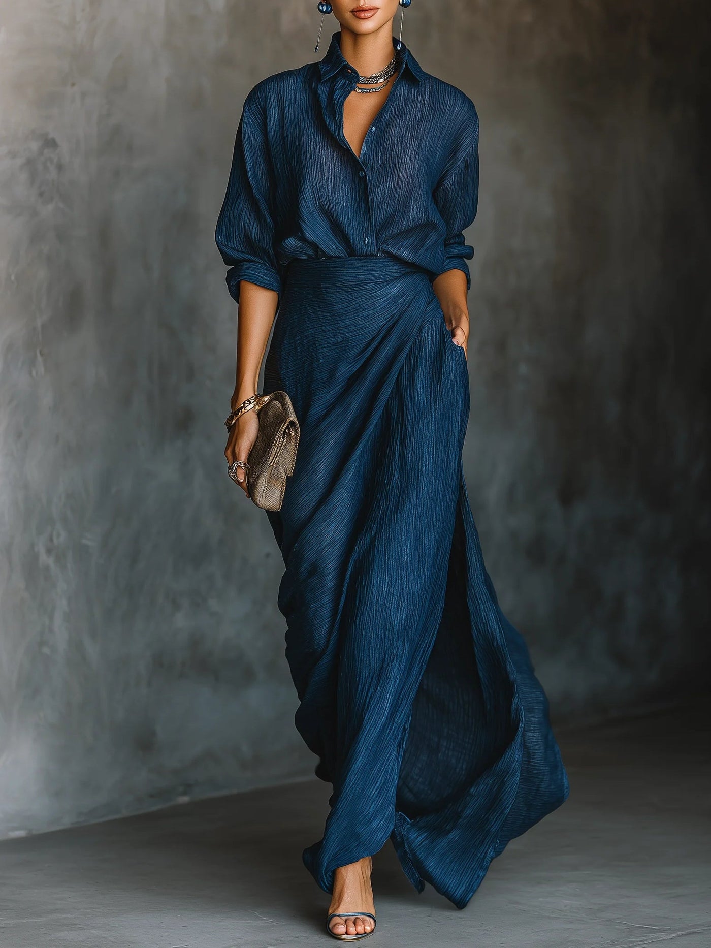 Cielo – Temno modra drapirana maxi obleka