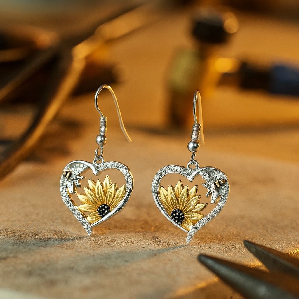 Vintage Boho Viseči Uhani s Sončnico in Čebeljim Srcem