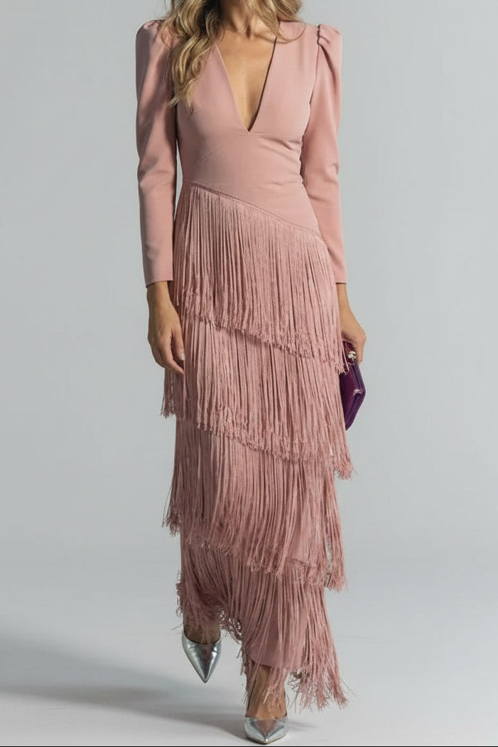 Clara – Elegantna obleka z resastimi rokavi