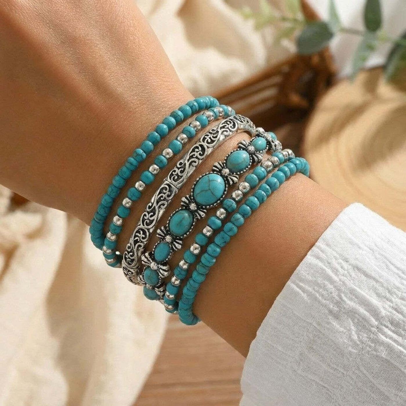 Komplet Boho Zapestnic Turkizne Kroglice