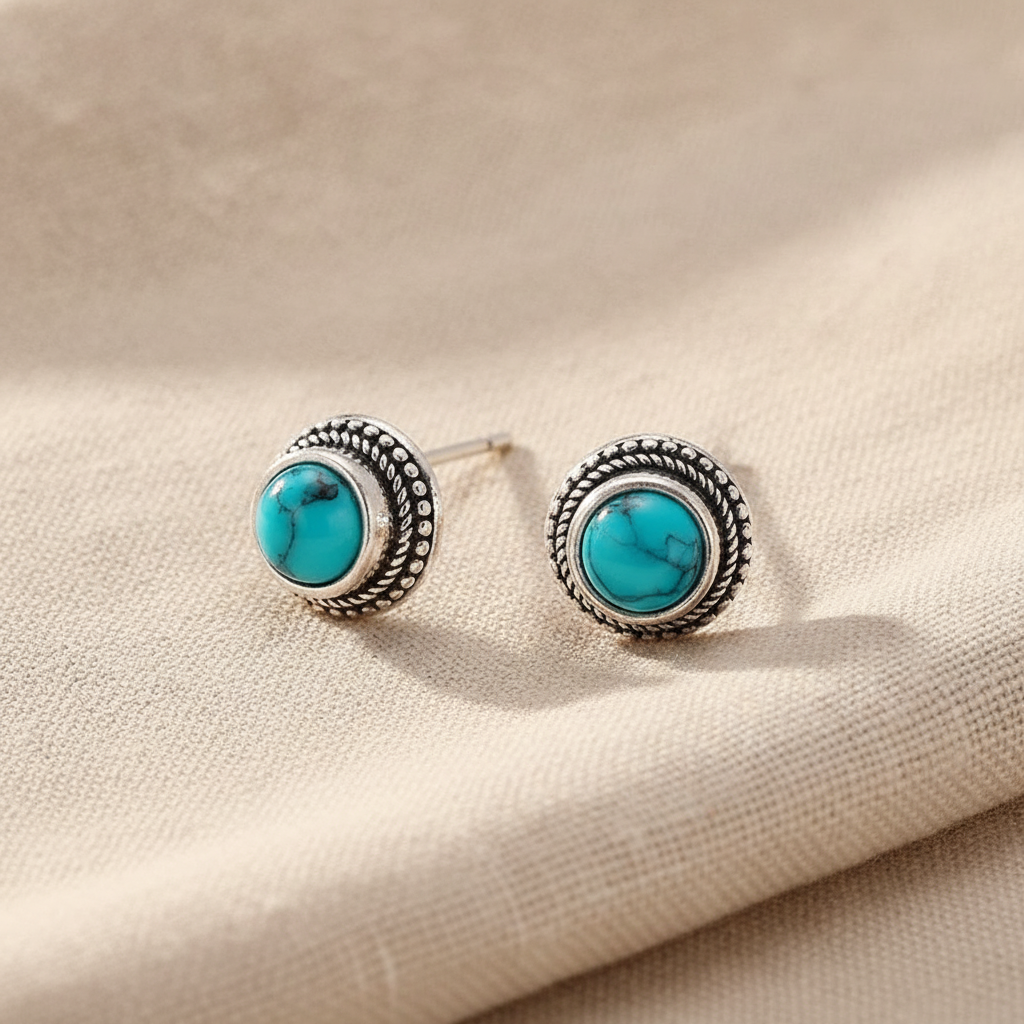 Boho Vintage Uhani Čepki Turkiz Oksidirano Srebro